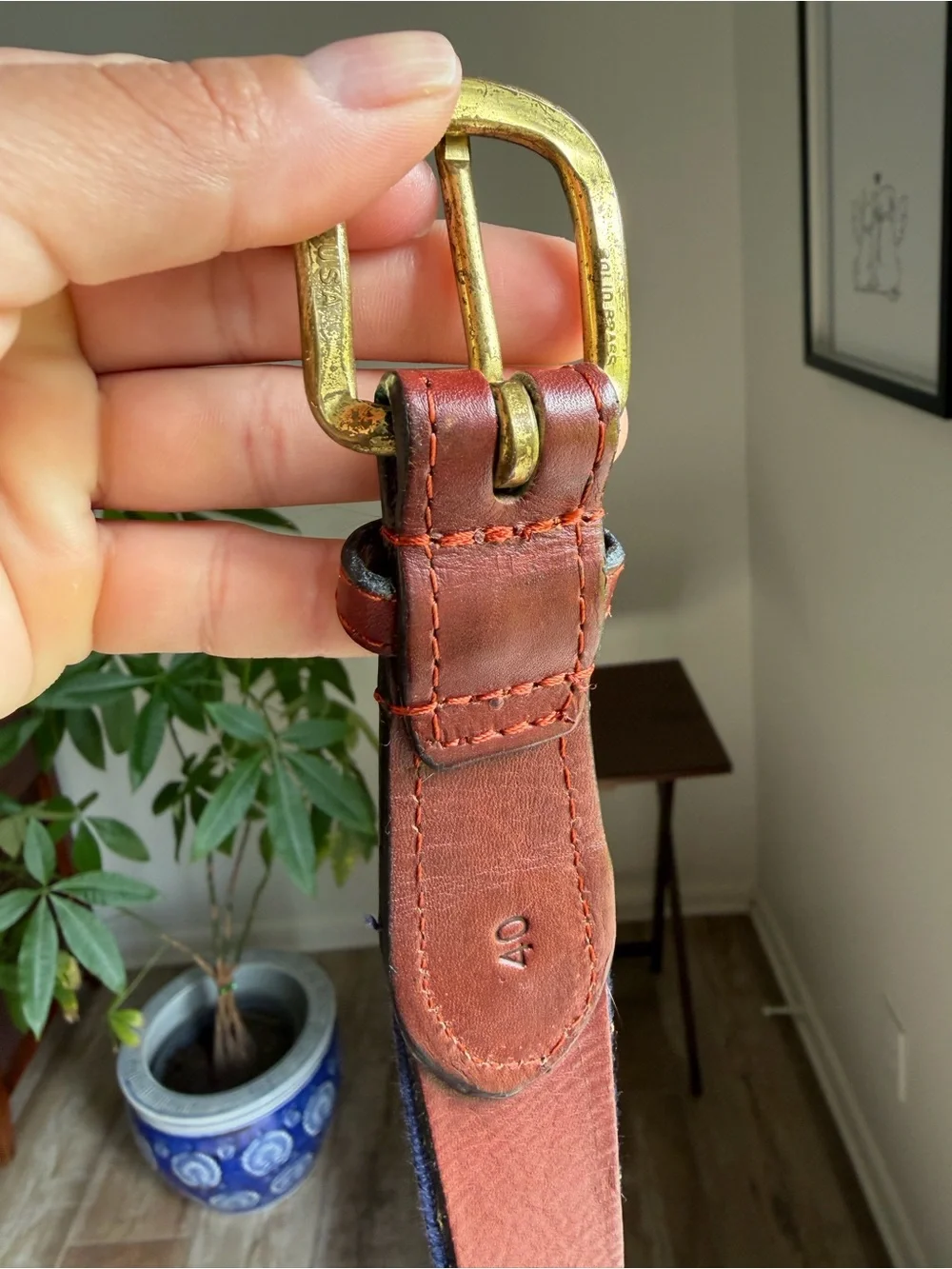 Navy Embroidered Needlepoint Men's Belt with Leather Trim